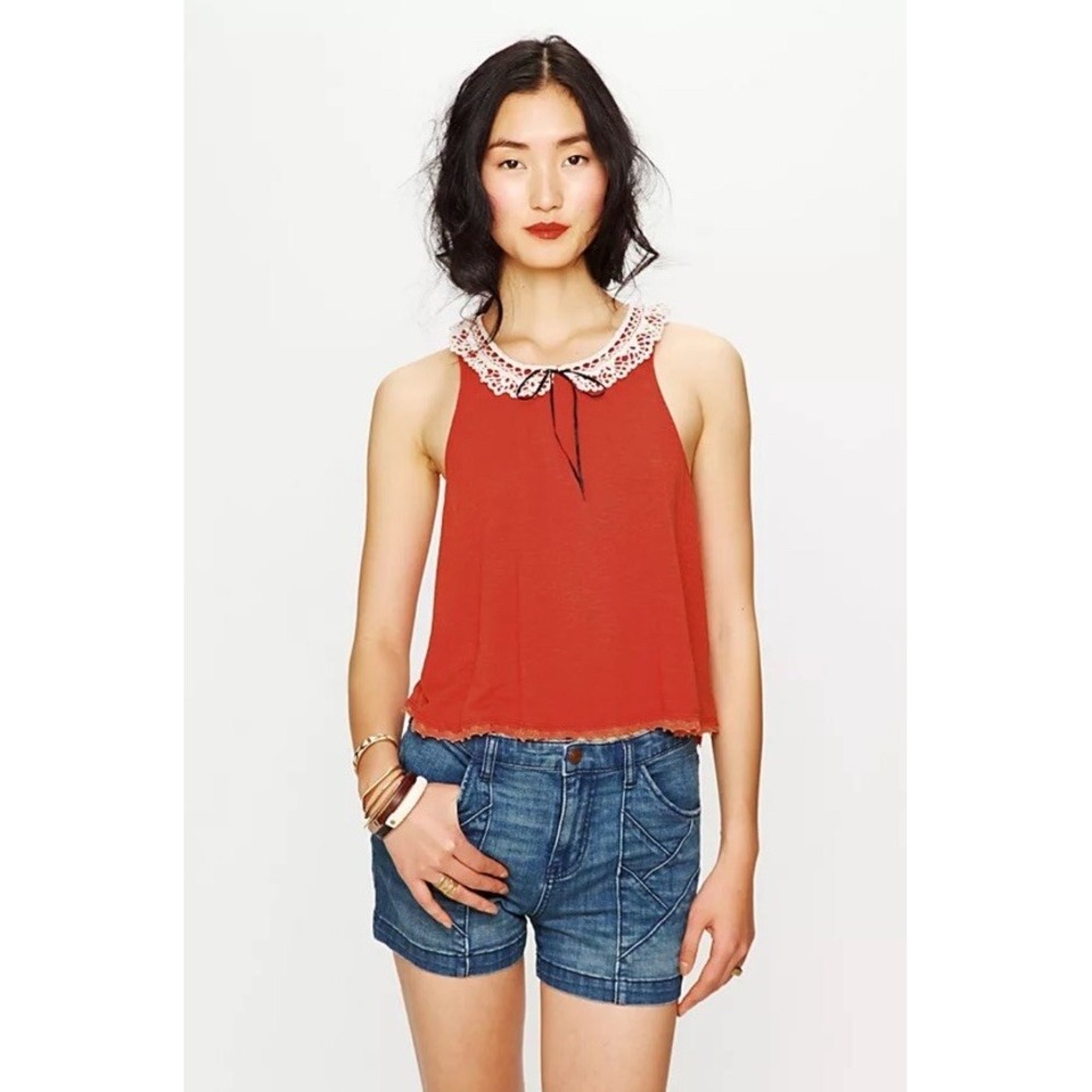Free People Tank Top Women XS Orange Crochet Lace Collar Sleeveless OB32054